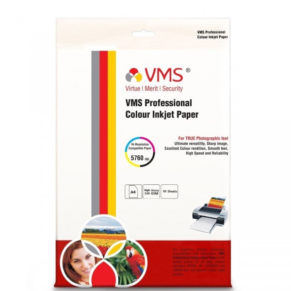 VMS Professional Colour High Glossy Inkjet Photo Paper A4 (210 x 297 mm) 130 GSM (50 Sheets)