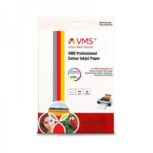 VMS Professional Colour High Glossy Inkjet Photo Paper A4 (210 x 297 mm) 180 GSM (20 ...