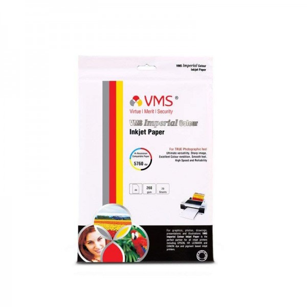 VMS Imperial Colour High Glossy Inkjet Photo Paper A4 (210 x 297 mm) 260 GSM (20 ...
