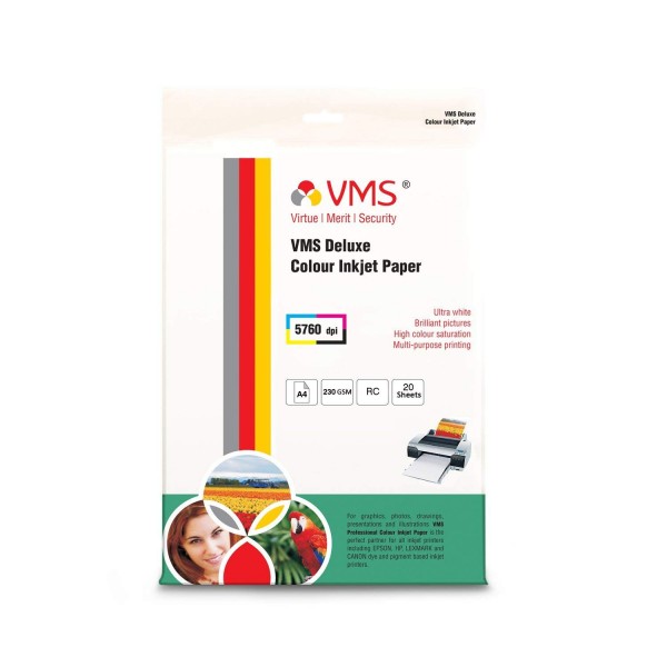 VMS Deluxe Colour Resin Coated Inkjet Photo Paper A4 (210 x 297mm) 230 GSM (20 Sheets)